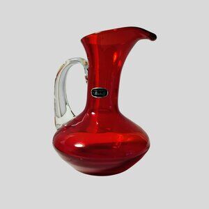 Vintage Bischoff Ruby Red Glass Pitcher 8" Hand Blown MCM Foil Label Mid-Century